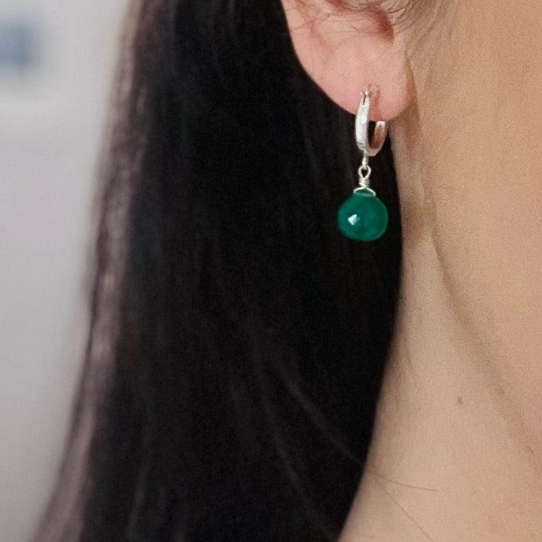 Green Onyx Drop Hoop Sterling Silver Earrings