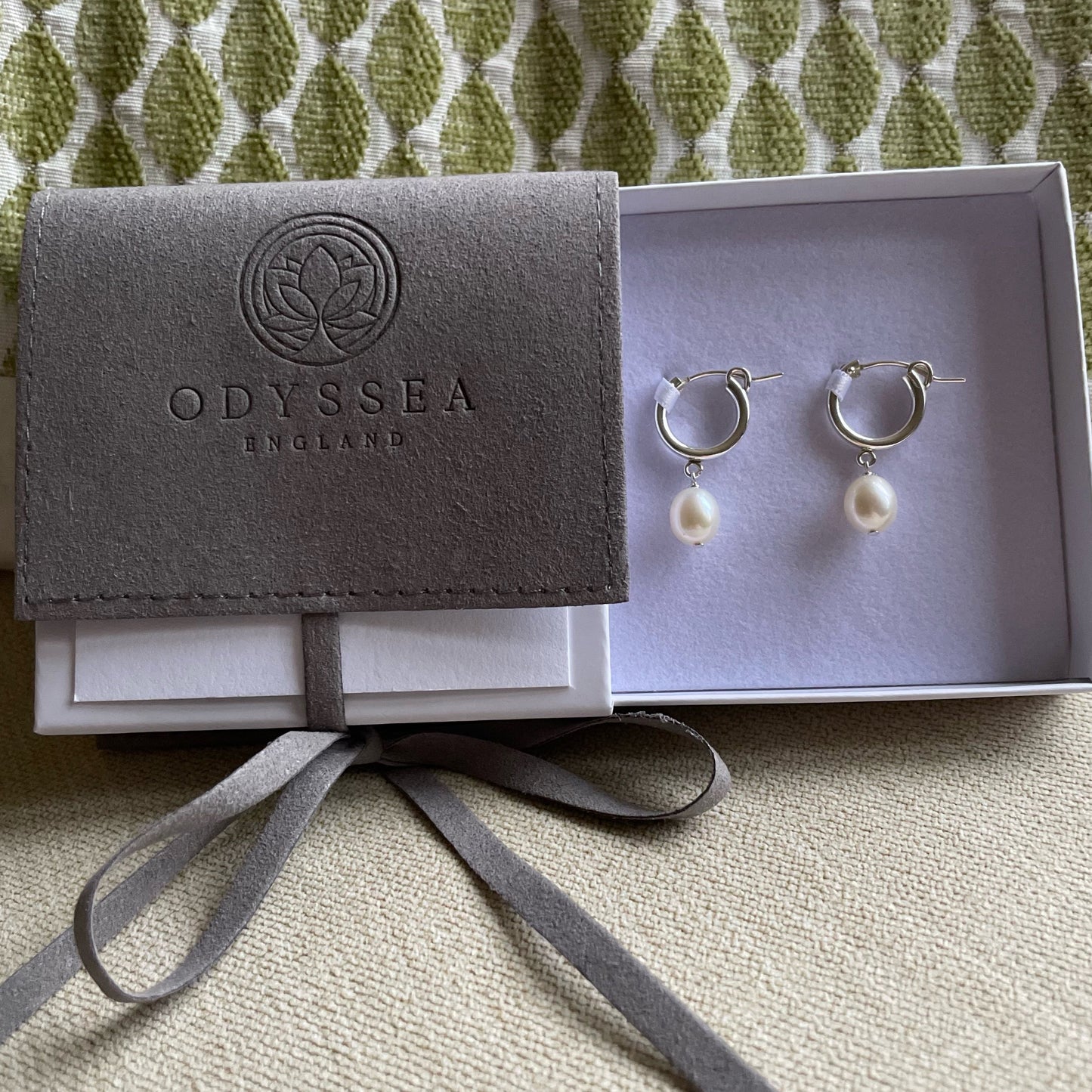 Odyssea England Freshwater Pearl Hoop Earrings Gift Box and Keepsake Pouch Heirloom