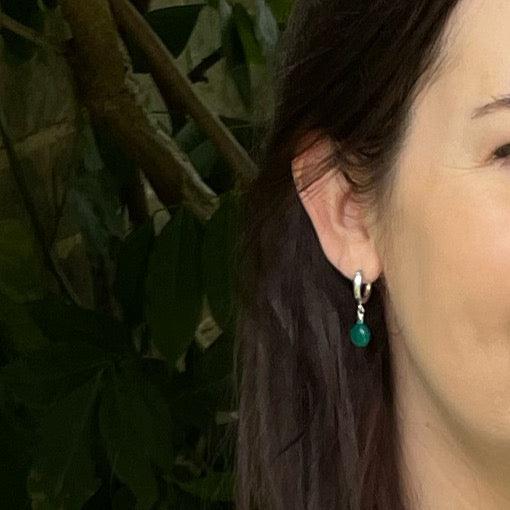 Green Onyx Drop Hoop Sterling Silver Earrings