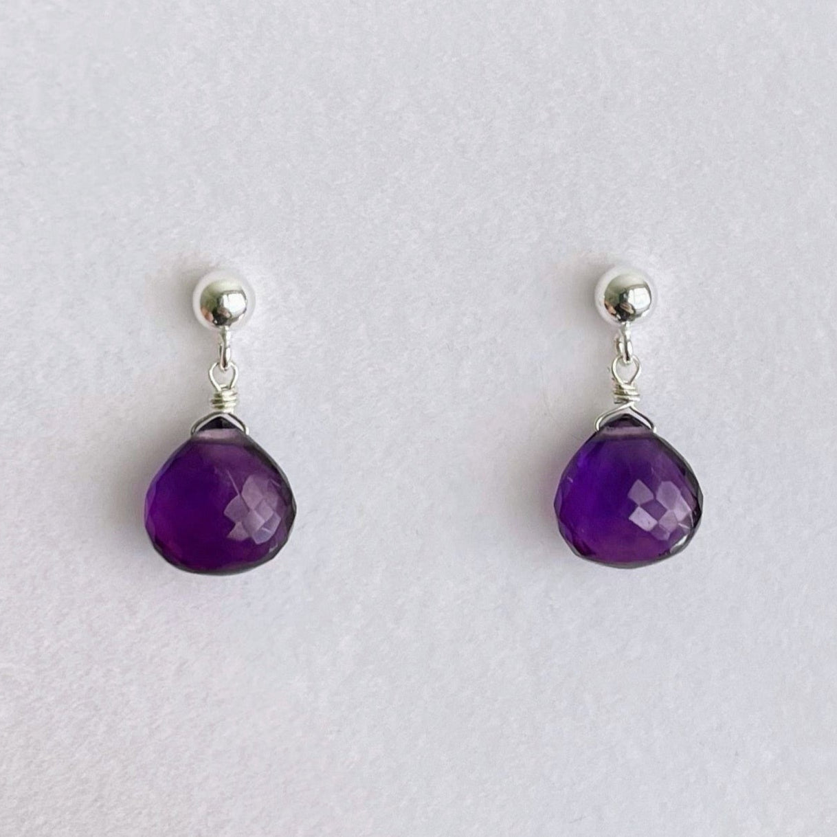 Purple Amethyst Drop Sterling Silver stud Earrings Handcrafted Gift