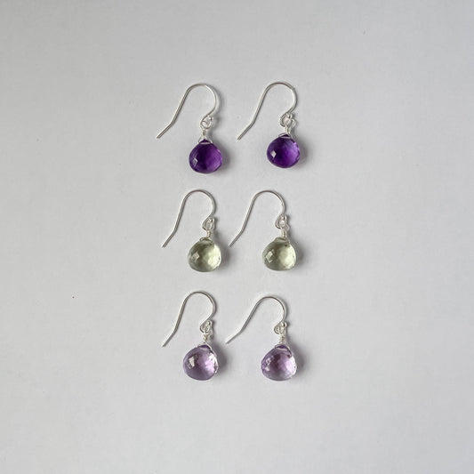 Three varieties of gemstone drop earrings offered by ODYSSEA ENGLAND