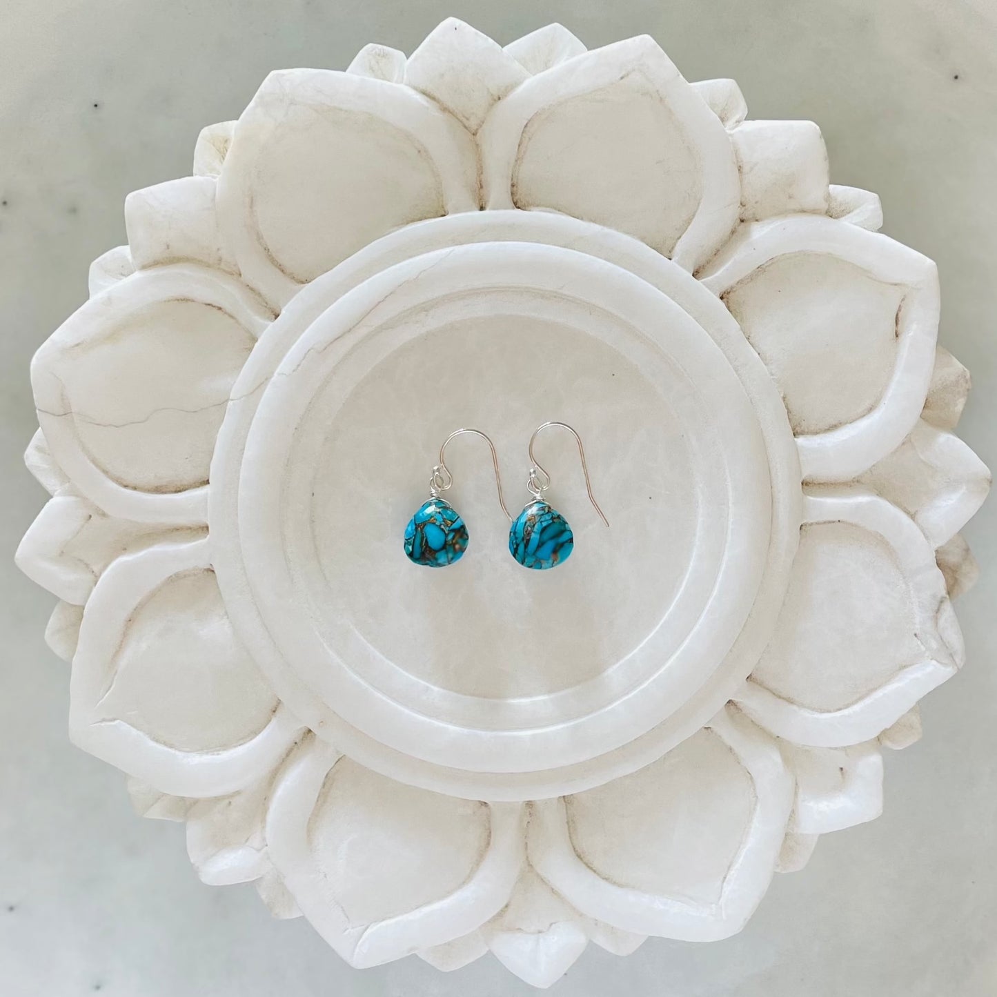 Odyssea England Copper Turquoise Drop Sterling Silver Earrings Handcrafted Eco Sustainable Gift. Minimalist earrings. December birthstone. Turquoise for protection.