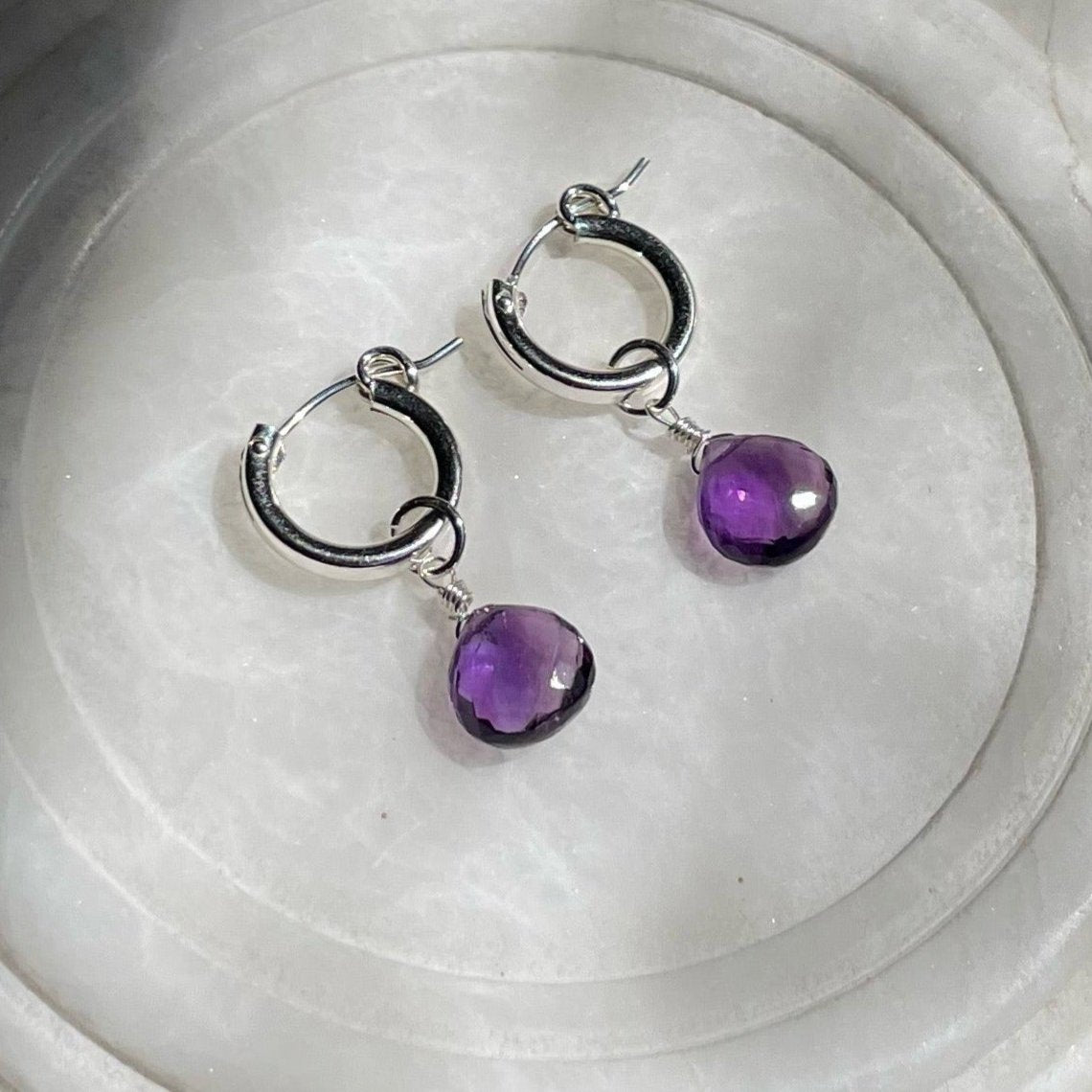 Odyssea England Purple Amethyst Drop Hoop Sterling Silver Earrings