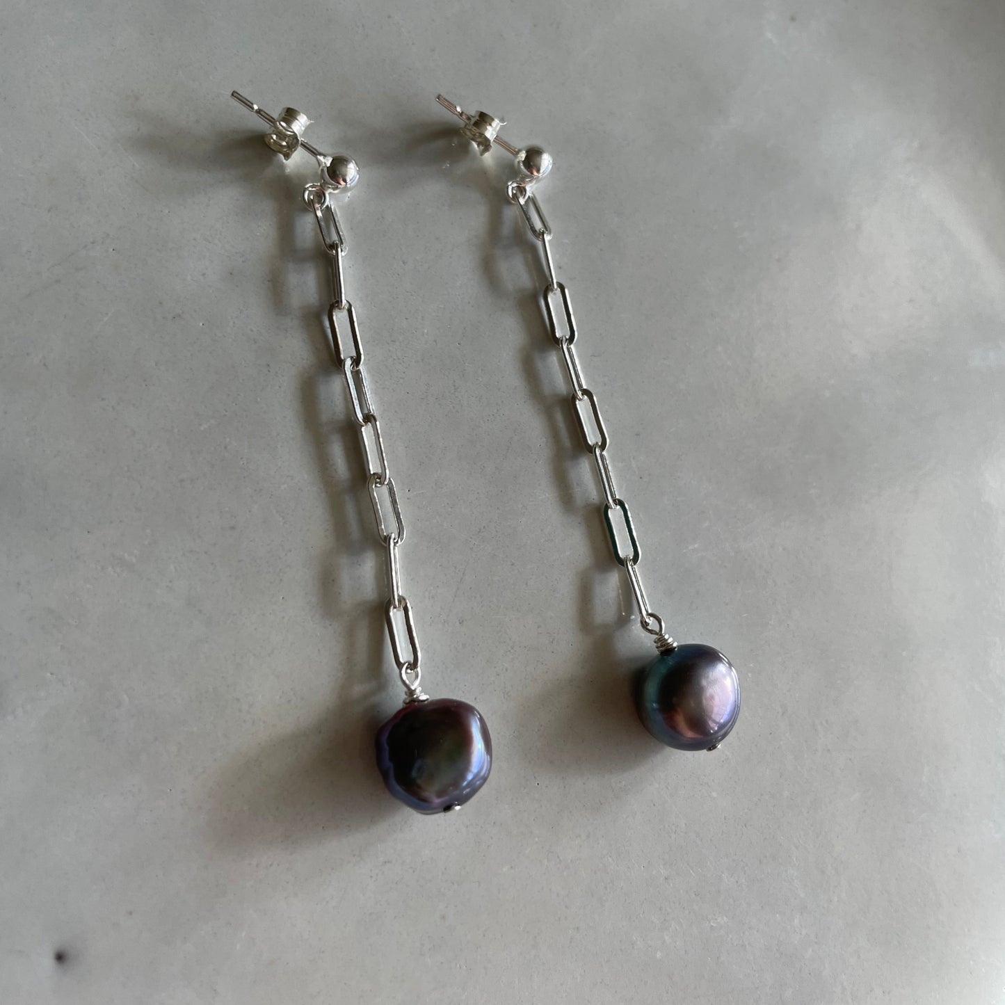 Grey Freshwater Pearl Long Sterling Silver Stud Earrings