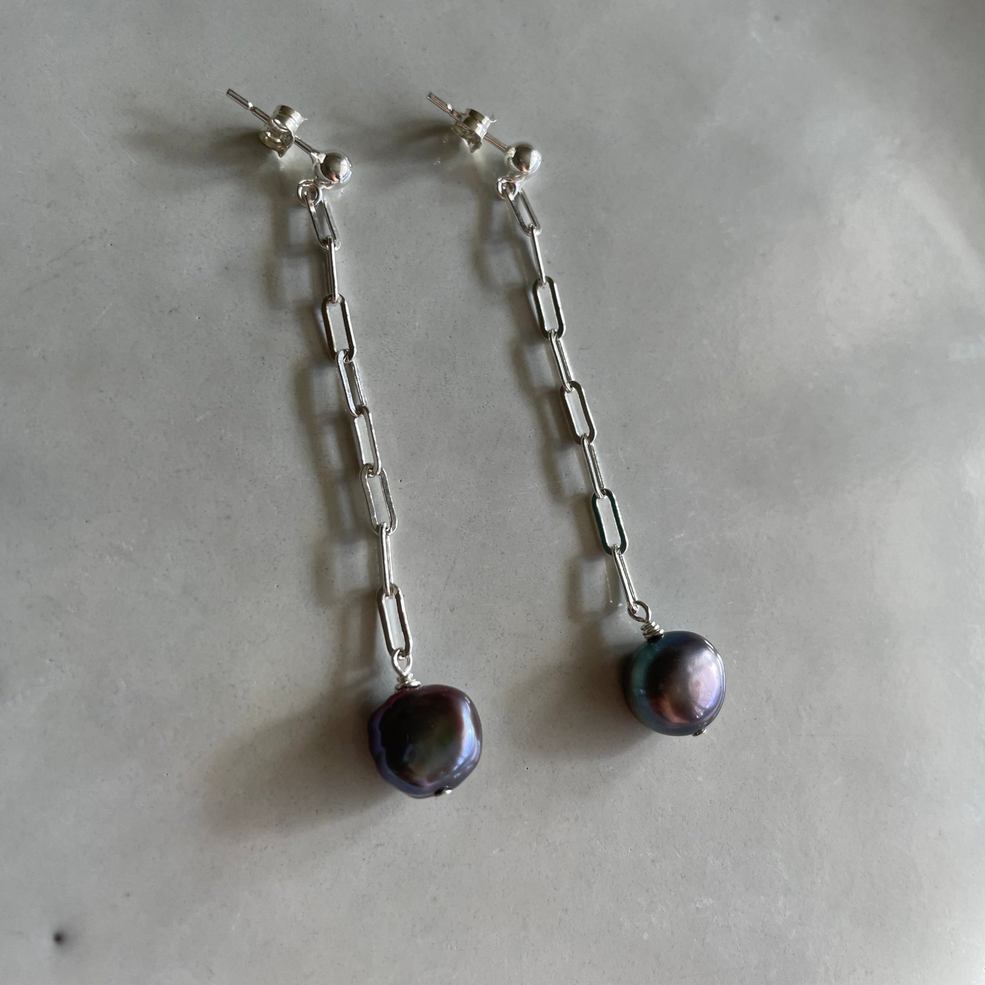 Grey Freshwater Pearl Long Sterling Silver Stud Earrings