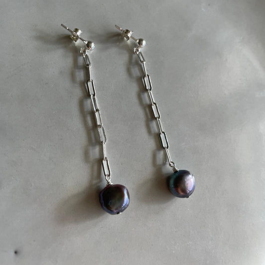Grey Freshwater Pearl Long Sterling Silver Stud Earrings