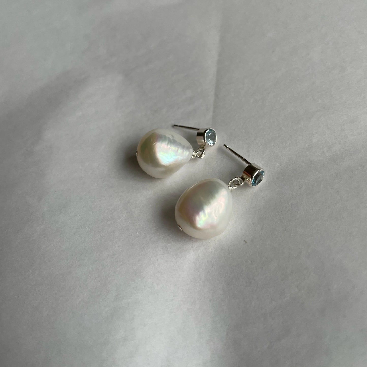 Beautiful Sky Blue Topaz and Freshwater Pearl Drop Stud Earrings Wedding Bridal Birthday Gift