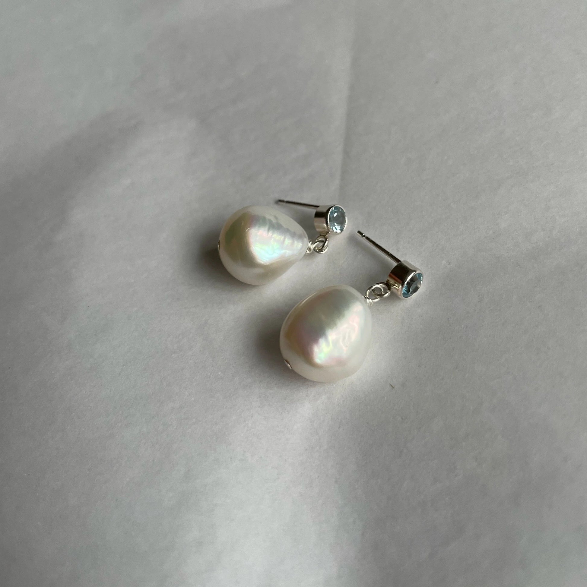 Beautiful Sky Blue Topaz and Freshwater Pearl Drop Stud Earrings Wedding Bridal Birthday Gift
