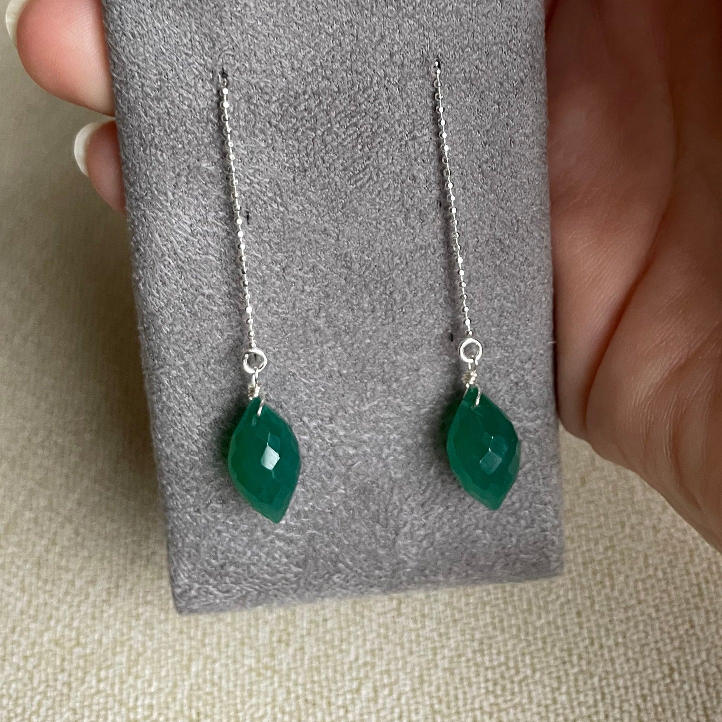 Green Onyx Sterling Silver Long Threader Earrings