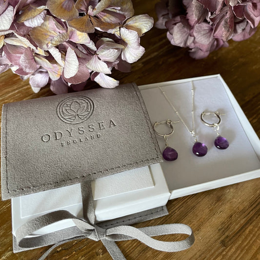 Odyssea England Purple Amethyst Hoop Earrings and Necklace Handcrafted Gift Set Eco-friendly Sustainable Sterling Silver 925 and eco gift box and pouch