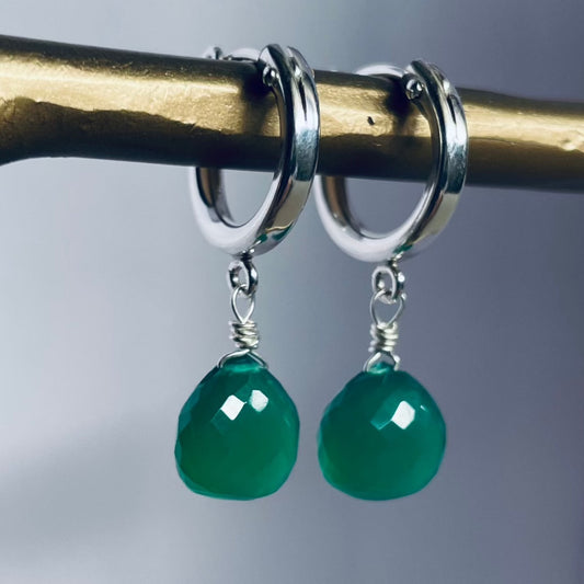 Odyssea England Green Onyx Drop Hoop Sterling Silver Earrings Eco Sustainable Emerald Colour Gift