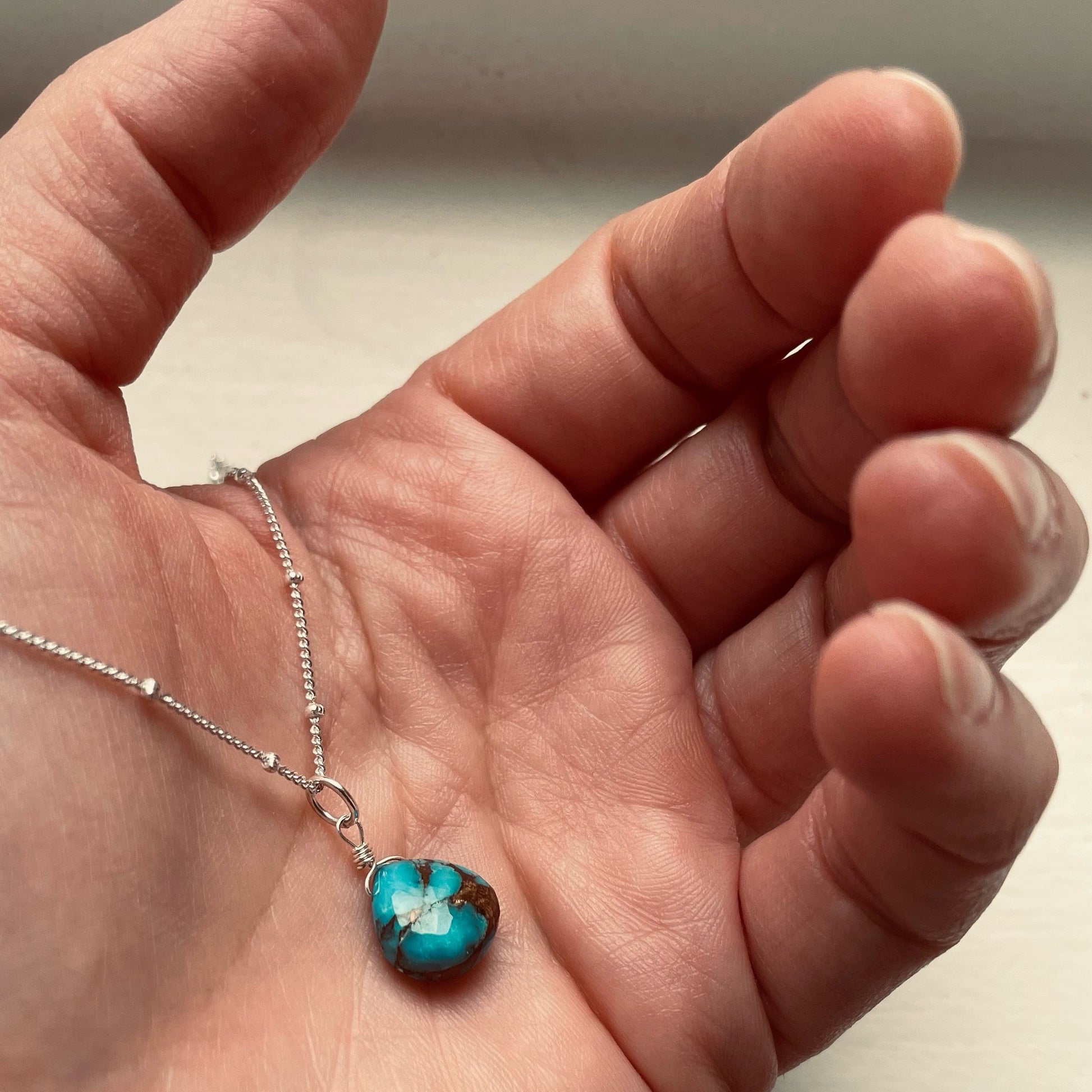 Odyssea England Copper Turquoise Drop Sterling Silver Satellite Chain Necklace